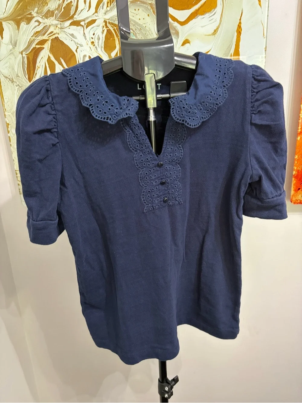 LOFT Navy Eyelet Collar Short Sleeve Top